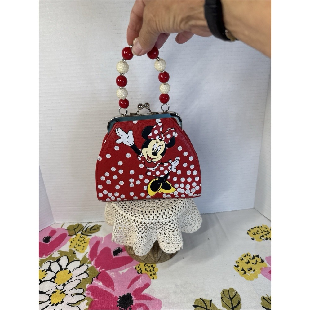 Disney Minnie Mouse Red Polka-Dot Purse Beaded Handle Signature Bow On Back